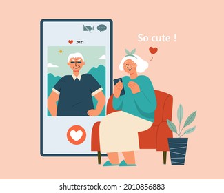 Flat style illustration of senior woman sitting on armchair swiping online dating app in search of senior man