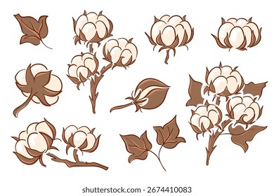 Conjunto de ilustración de estilo plano de planta de algodón con bollo esponjoso y hoja aislada sobre fondo blanco. Agricultura colección textil y concepto de fibra natural.