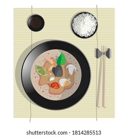 flat style illustration, set for dinner on a bamboo mat, tom yum soup with shrimps, mushrooms and oysters, steamed rice in a small deep plate, chinese chopsticks on a stand, soy sauce
