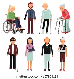 Flat style illustration set of disabled people in different poses. Vector pictures of hospital patients isolated