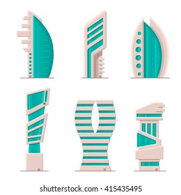Flat style illustration set of modern buildings and skyscrapers. Collection of elements for construction urban landscapes
