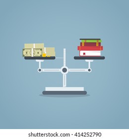 Flat style illustration with shadows. Weiger with books on one side and money on the other side.