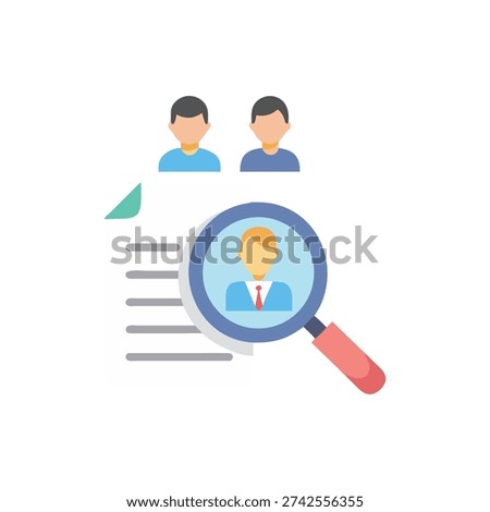 A flat style illustration showing candidate research and selection with document and magnifying glass with candidate icon.