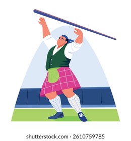 A flat style illustration showing a character playing highland game
