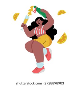 Uma ilustração de estilo plano mostrando um personagem segurando champanhe