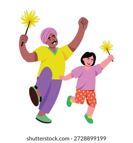 Una ilustración de estilo plano que muestra un personaje iluminando bengalas