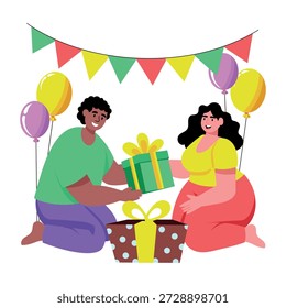 A flat style illustration showing characters opening gifts together