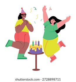 Eine flache Illustration, die Charaktere zeigt, die ein Kuchenfest genießen
