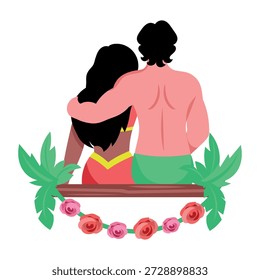 Una ilustración de estilo plano que muestra a los personajes viendo la puesta de sol