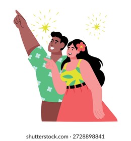 Eine flache Illustration, die Charaktere zeigt, die sich an Feuerwerken erfreuen