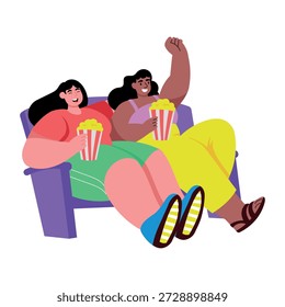 Una ilustración de estilo plano que muestra a los personajes viendo películas juntos