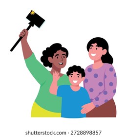 Eine flache Stilgrafik, die Zeichen zeigt, die Familienselfie aufnehmen