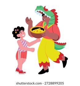 Eine flache Illustration, die Charaktere zeigt, die Drachentanz genießen