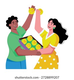 Una ilustración de estilo plano que muestra personajes compartiendo dulces