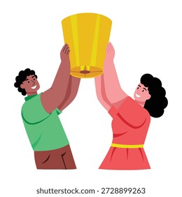 Eine flache Illustration, die Charaktere zeigt, die Laternenfest genießen