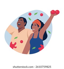 Flat style illustration showing a couple enjoying tomato fight festival