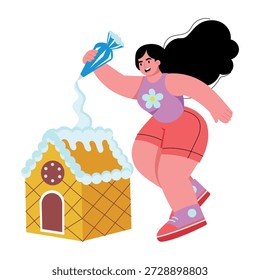 Una ilustración de estilo plano que muestra una casa de jengibre