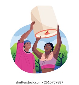A flat style illustration showing a lantern releasing couple