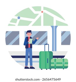 Uma ilustração em estilo plano mostrando um homem esperando na estação ferroviária