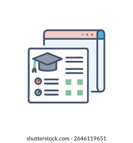 Flat style illustration showing online education platform, a graduation cap and browser window. Minimal and modern design.