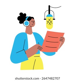 Uma ilustração de estilo plano mostrando uma pessoa gravando áudio 

