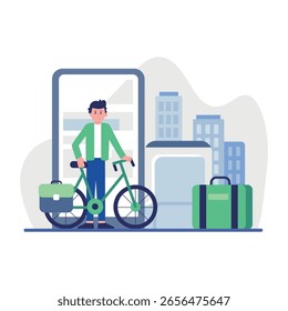 Uma ilustração em estilo plano mostrando uma pessoa fazendo um tour cíclico