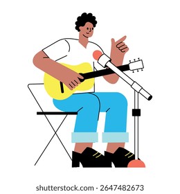 Uma ilustração de estilo plano mostrando um cantor tocando guitarra 
