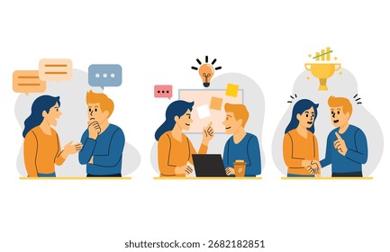 Ilustração em estilo plano mostrando cenas de trabalho em equipe — brainstorming, planejamento com notas adesivas e celebração de sucesso com aperto de mão e troféu.