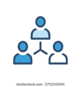 A flat style illustration showing three connected people, representing organizational structure, hierarchy, and connection in blue tones.