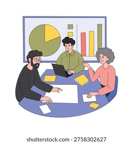 A flat style illustration showing three professionals sitting around a blue meeting table with a laptop and documents, discussing pie charts and bar graphs displayed on a large screen behind them.