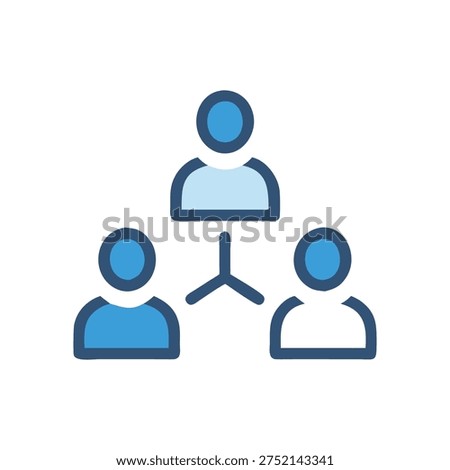 A flat style illustration showing three connected people, representing organizational structure, hierarchy, and connection in blue tones.