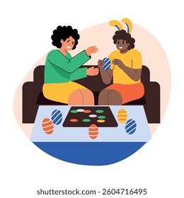 Flat style illustration showing two character decorating eggs 