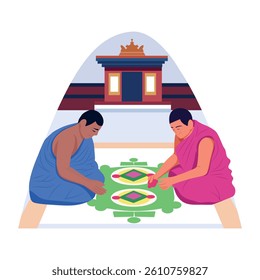 Flat style illustration showing two characters making sand mandala
