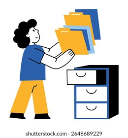 Flat style illustration showing user organizing files in cabinet
