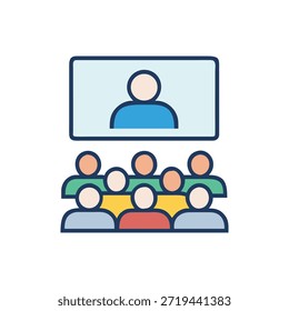 Ilustração em estilo plano mostrando uma conferência virtual com um orador e público presente. Representação gráfica limpa de uma reunião de vídeo.