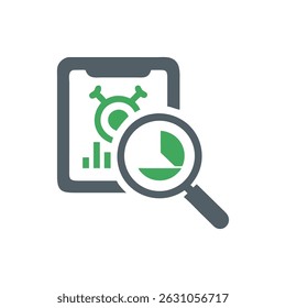 Flat style illustration showing virus data analysis on a smartphone screen, highlighted by a magnifying glass. Modern and clean visual style.