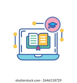 Flache Illustration zeigt ein offenes Buch auf einem Laptop, das die Online-Bildung symbolisiert. Es wird ein Symbol für die Graduierungskappe angezeigt.