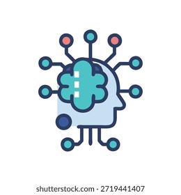 Flat style illustration shows a stylized human head with brain and connected nodes. Depicts artificial intelligence and digital connection.