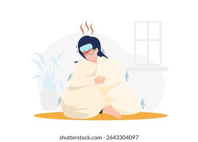 Ilustração em estilo plano de uma mulher doente com febre alta, suor frio e uma almofada de gel na testa, envolta em um cobertor, tremendo de calafrios e doenças.
