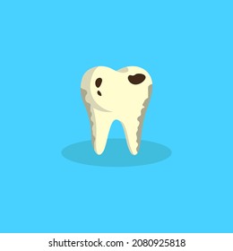 Flat Style Illustration Of A Sick Yellow Tooth With Caries And Black Dots On A Blue Background. Dentistry Concept. Bad Tooth Icon