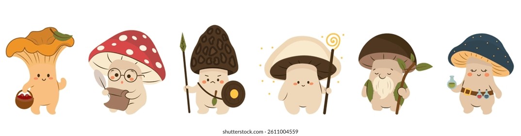 Flat style illustration of six cute anthropomorphic mushrooms dressed as fantasy characters like wizards, warriors, and alchemists, ideal for magical design projects and storytelling visuals.