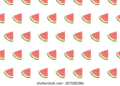 Flat style illustration of sliced watermelon pieces on white color background seamless pattern. Pattern for wallpaper, wrapping paper, greeting card, summer party decoration.