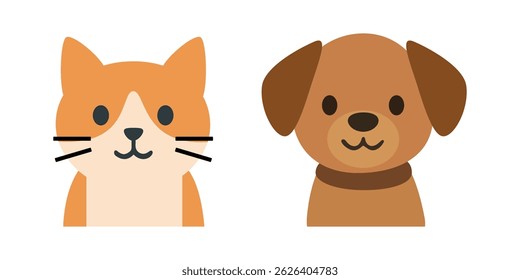 Flat style illustration of a smiling cat and dog side by side, perfect for pet-related content or children's graphics. Vector illustration