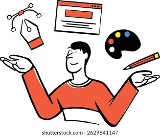 A flat style illustration of a smiling man presenting creative design tools such as a stylus, color palette, pen, and UI elements.