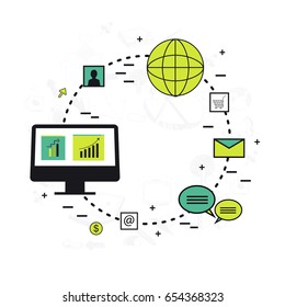 Flat style illustration of social media and networking process for Business concept.