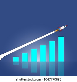 Flat style illustration with spaceship. Rocket flying on chart, graph going up. Business growth concept for Chart, Graph, New Business, Growth, Investment.
