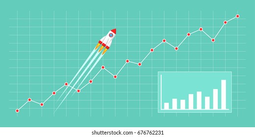 Flat style illustration with spaceship. Rocket flying on chart, graph going up. Business growth concept for Chart, Graph, New Business, Growth, Investment.