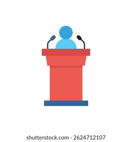 Flat style illustration of a speaker giving a speech at a podium with microphones. Simple shapes and bold colors.