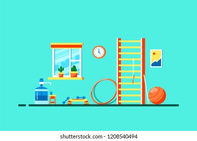 Flat style illustration of sport room interior. Fitness sport equipment. Bodybuilding, fitness, sport, healthy lifestyle concept.
