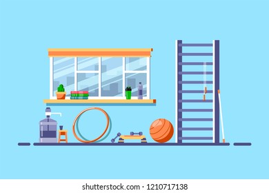Flat style illustration of sport room interior. Fitness sport equipment. Bodybuilding, fitness, sport, healthy lifestyle concept.